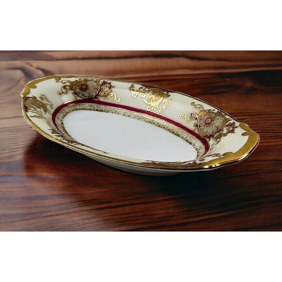Meito China Oval Bowl Dish Gold Burgundy Trim Japan Hand Painted Vintage - Picture 1 of 10